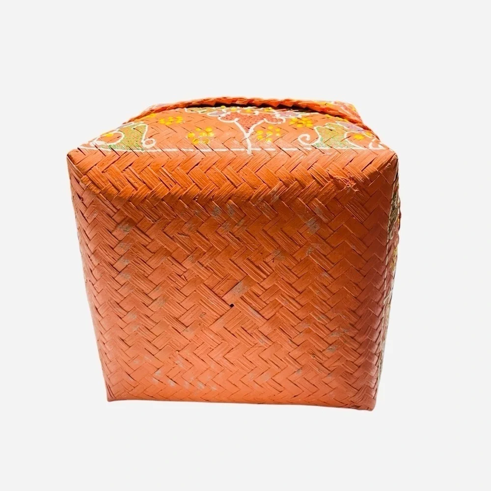 Vintage Indonesian Orange Hand Painted Woven Offering Basket with Lid 7”